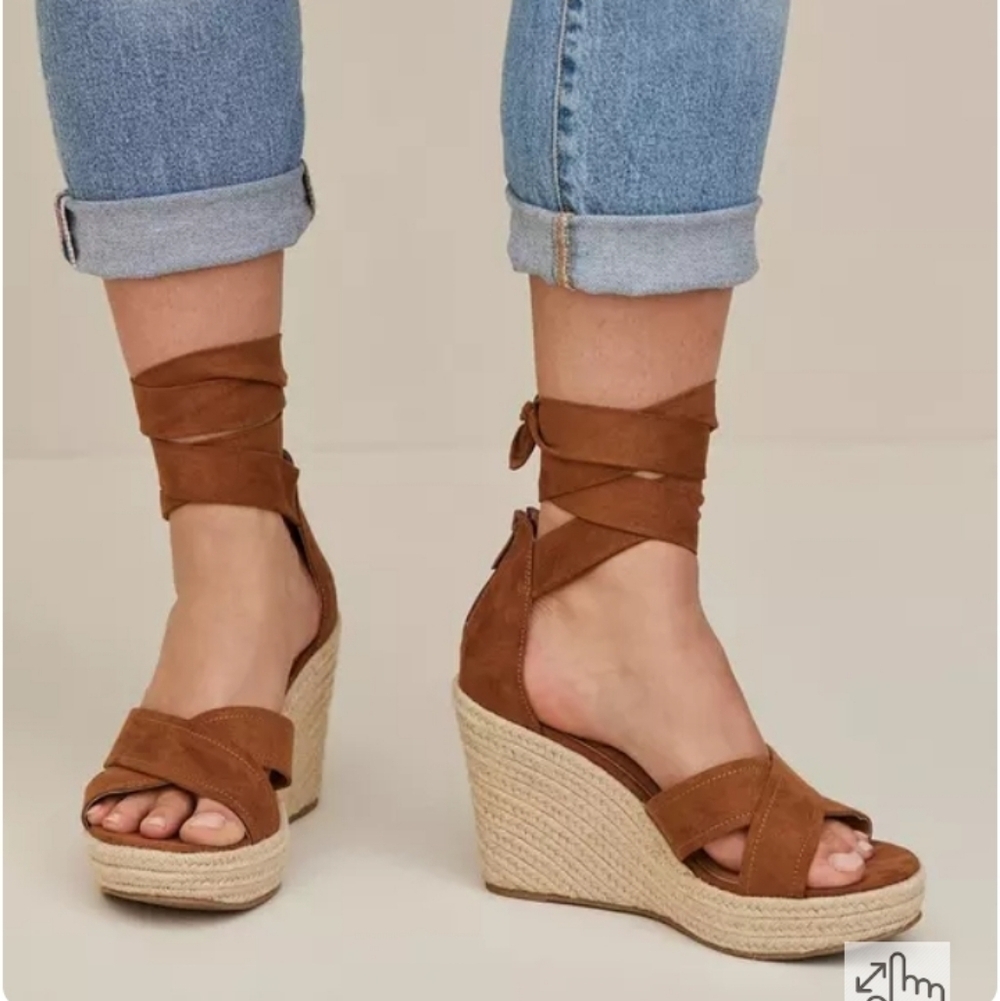 torrid Brown Suede Espadrille Wedge Sandals with Ankle Wrap